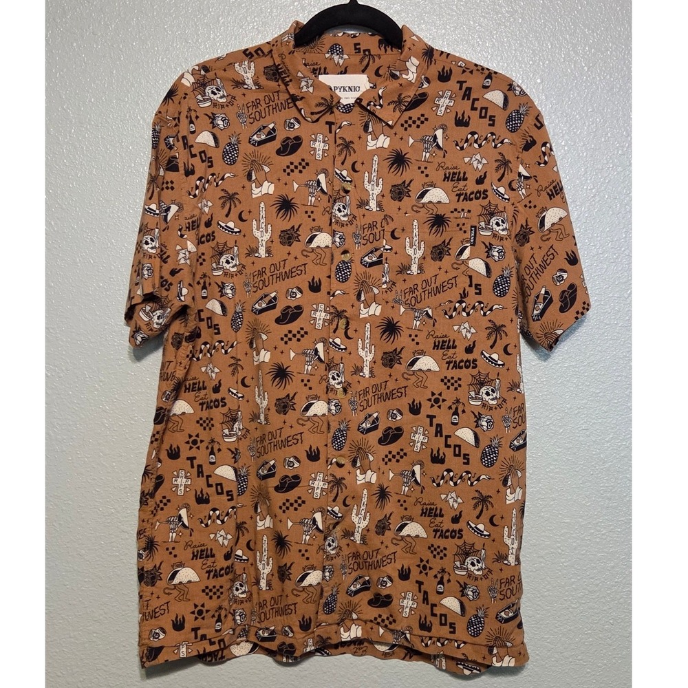 PYKNIC Raise Hell Taco Tattoo Flash Button Up Large Tobacco Brown Retro Western